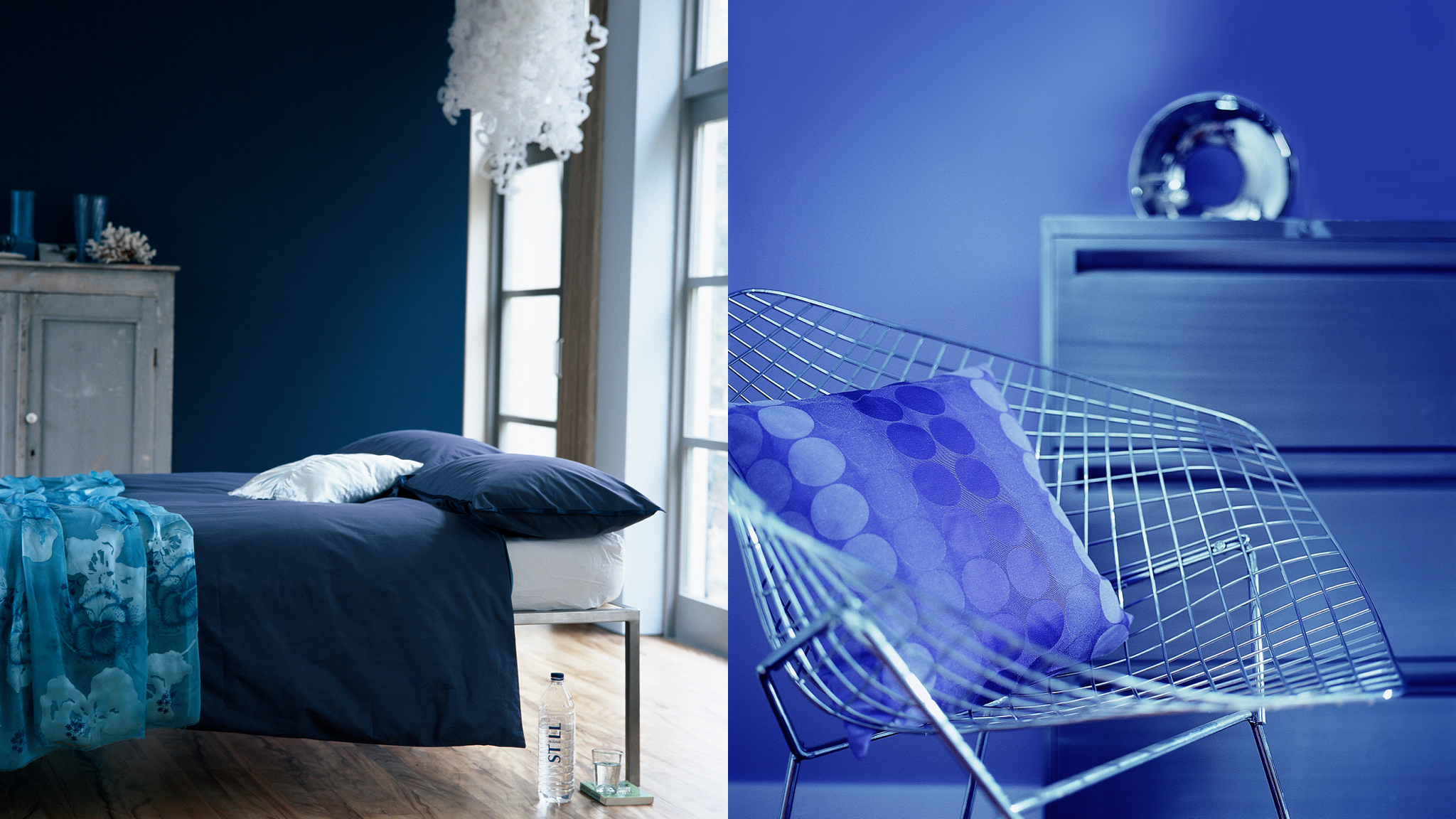 Kamar tidur biru yang mewah Dapatkan insipirasi Anda dari langit malam dan cat dinding Anda dengan warna biru gelap untuk mendapatkan skema kamar tidur yang tidak hanya moody dan misterius namun juga mengundang serta nyaman.